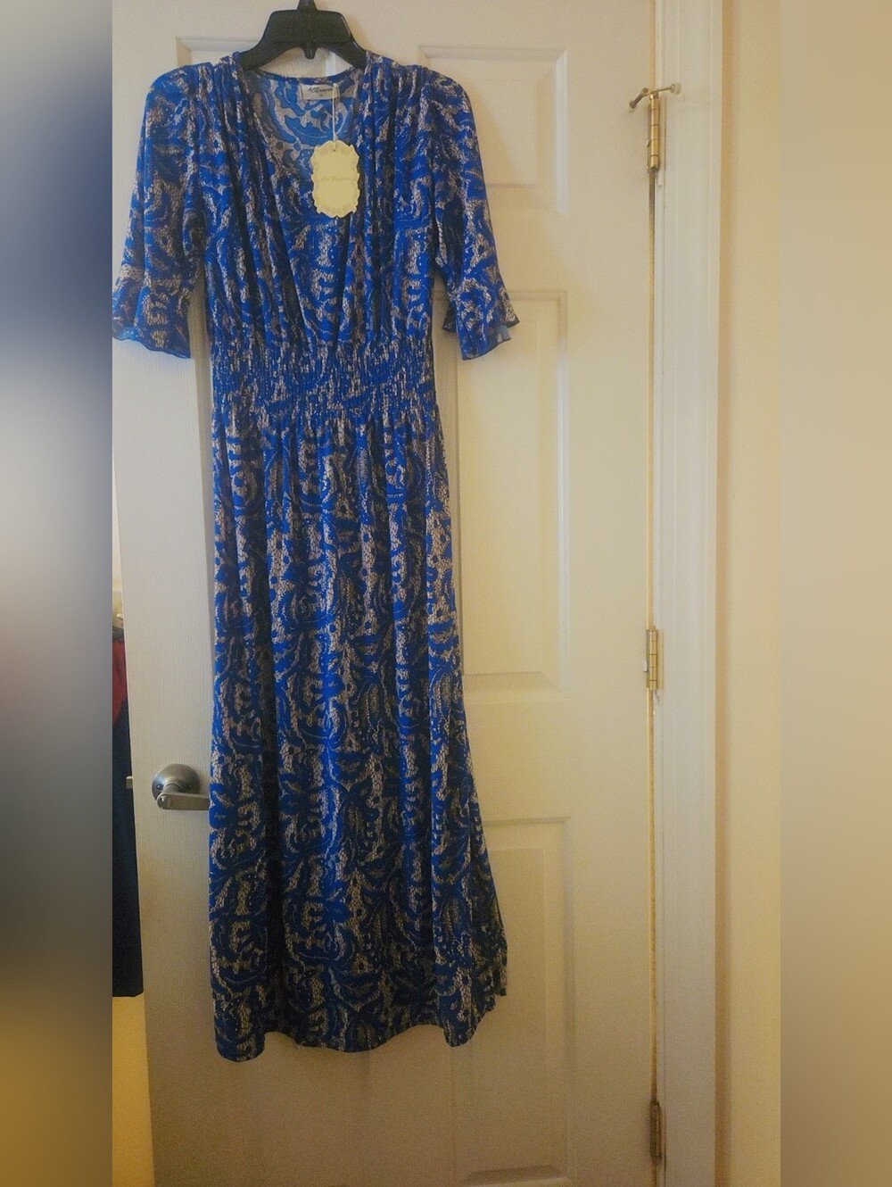 Ace Fashion Blue Printed Maxi Dress with Smocked Waist and V-Neck